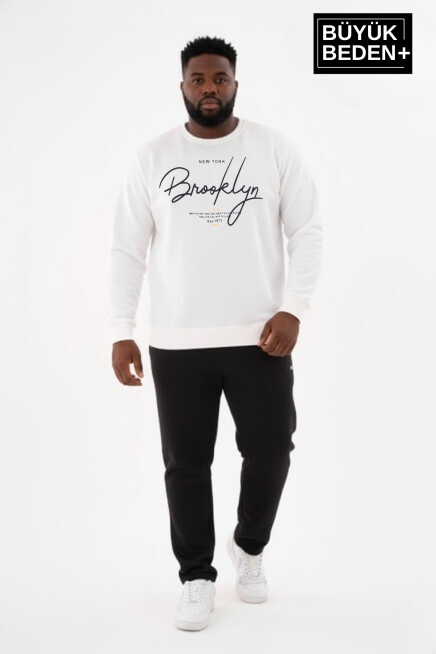 Erkek Büyük Beden El Yazılı Brooklyn Baskılı Bisiklet Yaka Sweatshirt SPR26BSW956-6