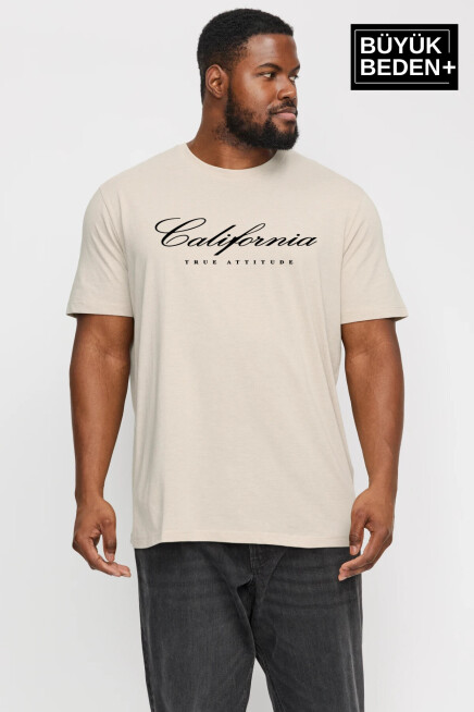 Erkek Büyük Beden El Yazılı California Baskılı 3xl-6xl Bisiklet Yaka Tshırt SPR26TBS510-07