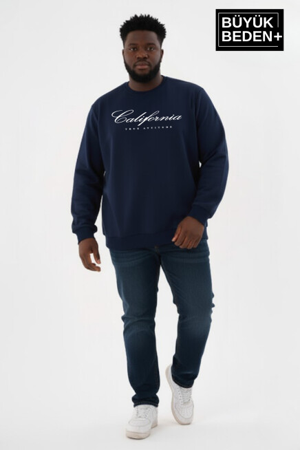 Erkek Büyük Beden El Yazılı California Baskılı Bisiklet Yaka Sweatshirt SPR26BSW956-7
