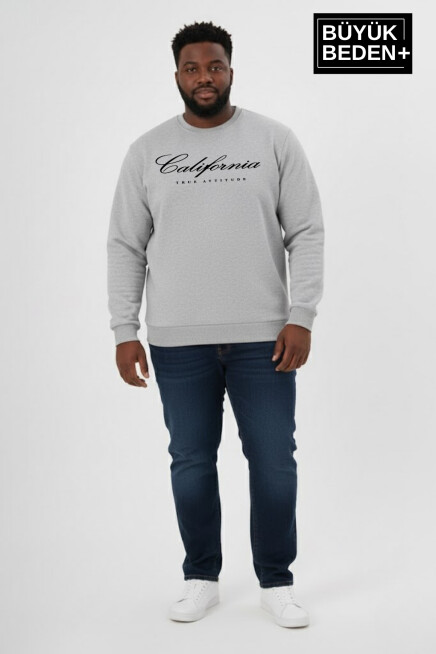Erkek Büyük Beden El Yazılı California Baskılı Bisiklet Yaka Sweatshirt SPR26BSW956-7