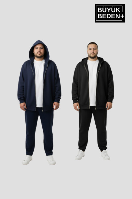 Erkek Büyük Beden Fermuarlı Kapüşonlu 2li Set ince Sweatshirt Hırka - Rahat Kalıp SPR26BHR960+2