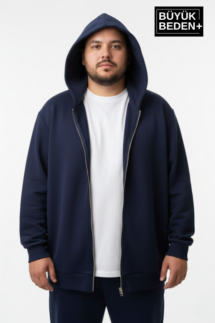 Erkek Büyük Beden Fermuarlı Kapüşonlu 2li Set ince Sweatshirt Hırka - Rahat Kalıp SPR26BHR960+2