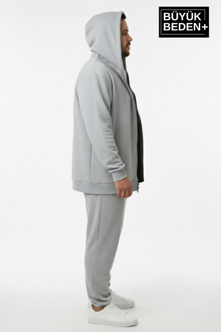 Erkek Büyük Beden Fermuarlı Kapüşonlu 2li Set ince Sweatshirt Hırka - Rahat Kalıp SPR26BHR960+2