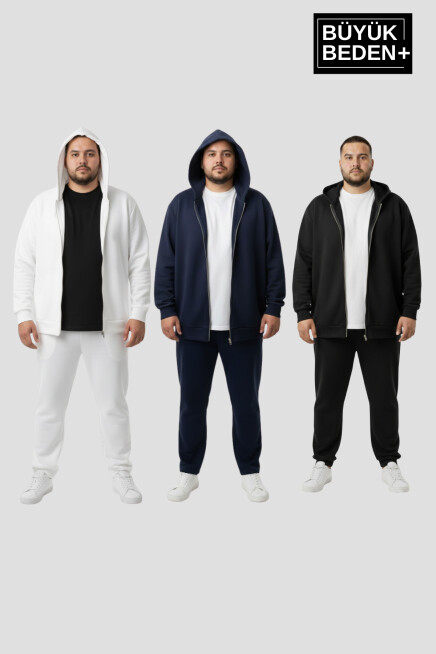 Erkek Büyük Beden Fermuarlı Kapüşonlu 3 lü Set ince Sweatshirt Hırka - Rahat Kalıp SPR26BHR960+3