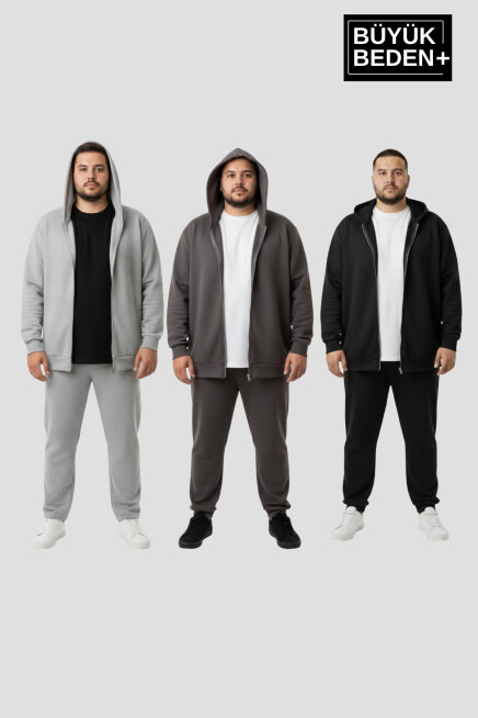 Erkek Büyük Beden Fermuarlı Kapüşonlu 3 lü Set ince Sweatshirt Hırka - Rahat Kalıp SPR26BHR960+3