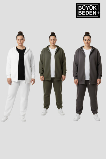 Erkek Büyük Beden Fermuarlı Kapüşonlu 3 lü Set ince Sweatshirt Hırka - Rahat Kalıp SPR26BHRK960+3