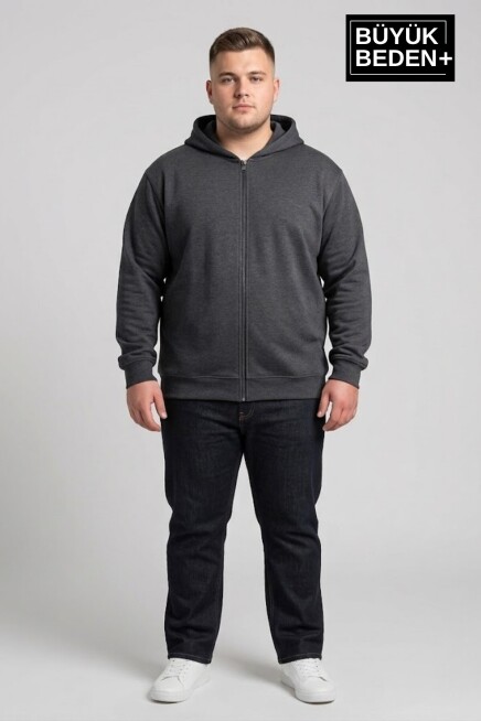 Erkek Büyük Beden Fermuarlı Kapüşonlu ince Sweatshirt Hırka - Rahat Kalıp SPR26BHR960