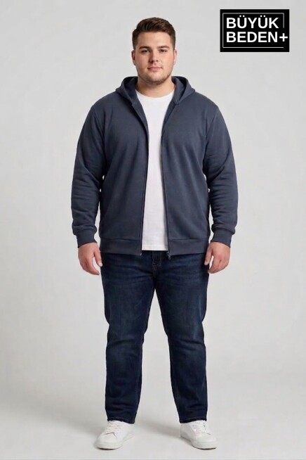 Erkek Büyük Beden Fermuarlı Kapüşonlu ince Sweatshirt Hırka - Rahat Kalıp SPR26BHR960