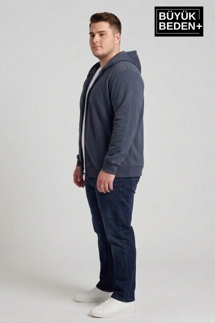 Erkek Büyük Beden Fermuarlı Kapüşonlu ince Sweatshirt Hırka - Rahat Kalıp SPR26BHR960