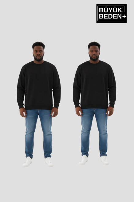 Erkek Büyük Beden İkili Bisiklet Yaka 2’li Set -Rahat Kalıp İnce Sweatshirt SPR26BSW956+2