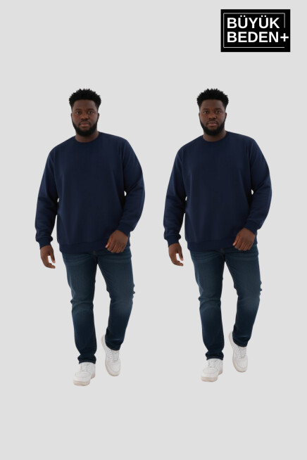Erkek Büyük Beden İkili Bisiklet Yaka 2’li Set -Rahat Kalıp İnce Sweatshirt SPR26BSW956+2