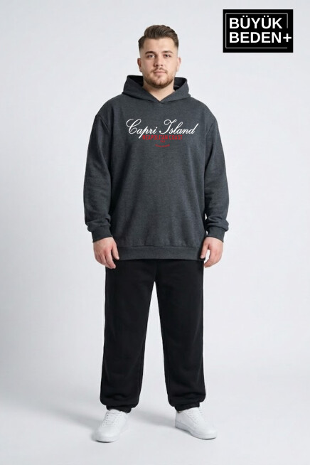 Erkek Büyük Beden İnce Kapşonlu Capri Island Baskılı ince Swatshırt SPR26BSW957-14