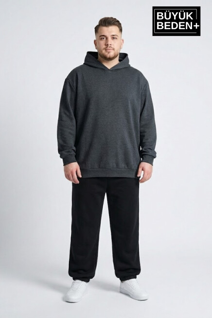 Erkek Büyük Beden İnce Kapşonlu Kollar Ve Etek Ribanalı ince Swatshırt SPR26BSW957