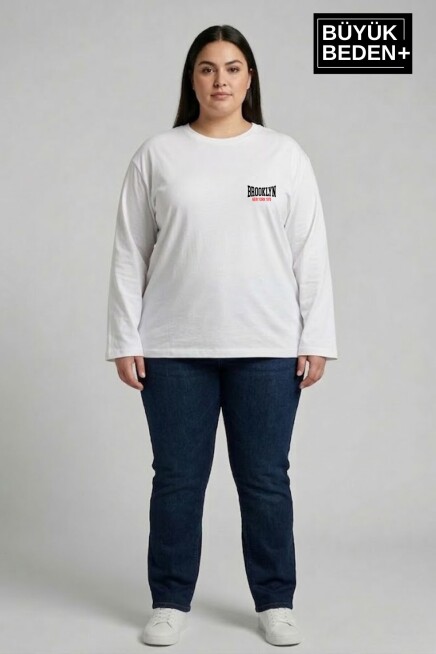 Kadın Büyük Beden Orta Brooklyn Baskılı 2 İplik Bisiklet Yaka Tişört SPR26BEAK942-3