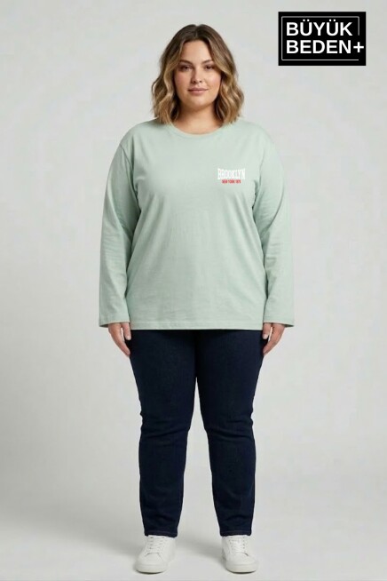 Kadın Büyük Beden Orta Brooklyn Baskılı 2 İplik Bisiklet Yaka Tişört SPR26BEAK942-3