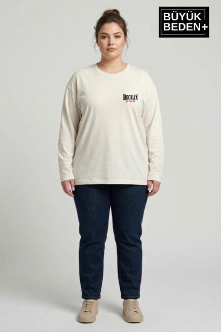 Kadın Büyük Beden Orta Brooklyn Baskılı 2 İplik Bisiklet Yaka Tişört SPR26BEAK942-3