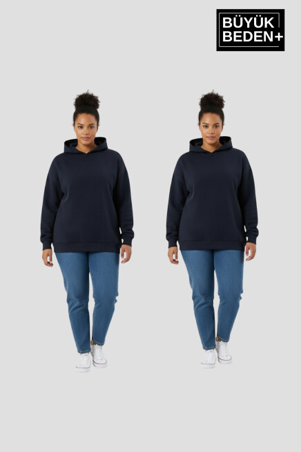 Kadın Büyük Beden 2 li Set Kapşonlu Kollar Ve Etek Ribanalı ince Swatshırt SPR26BSWK957+2