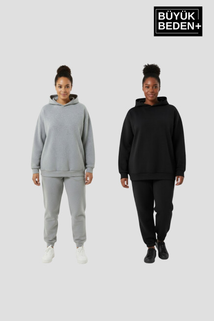 Kadın Büyük Beden 2 li Set Kapşonlu Kollar Ve Etek Ribanalı ince Swatshırt SPR26BSWK957+2