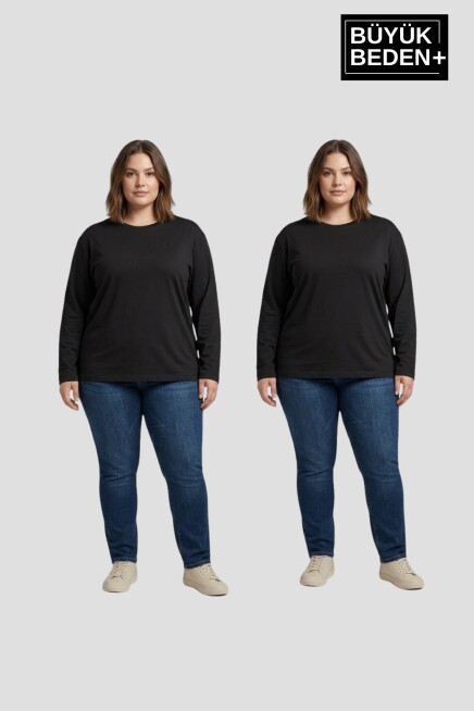 Kadın Büyük Beden 2li Set Uzun Kollu 2 İplik Bisiklet Yaka Tişört SPR26BEA942+2