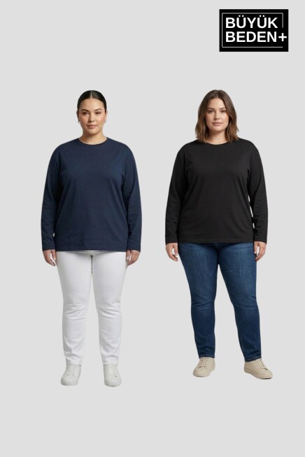 Kadın Büyük Beden 2li Set Uzun Kollu 2 İplik Bisiklet Yaka Tişört SPR26BEA942+2