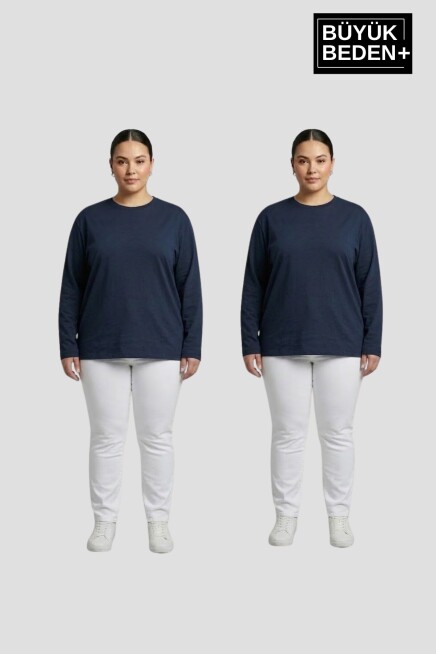Kadın Büyük Beden 2li Set Uzun Kollu 2 İplik Bisiklet Yaka Tişört SPR26BEA942+2