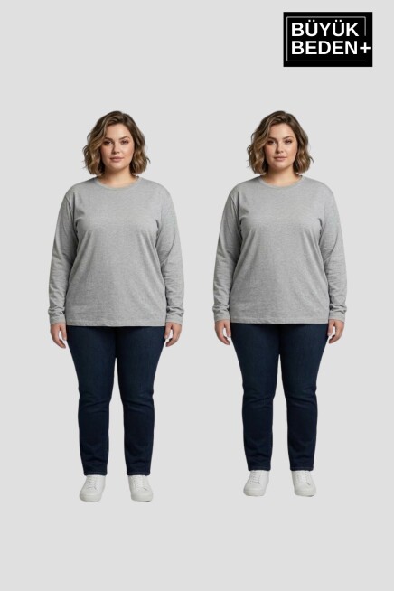Kadın Büyük Beden 2li Set Uzun Kollu 2 İplik Bisiklet Yaka Tişört SPR26BEA942+2