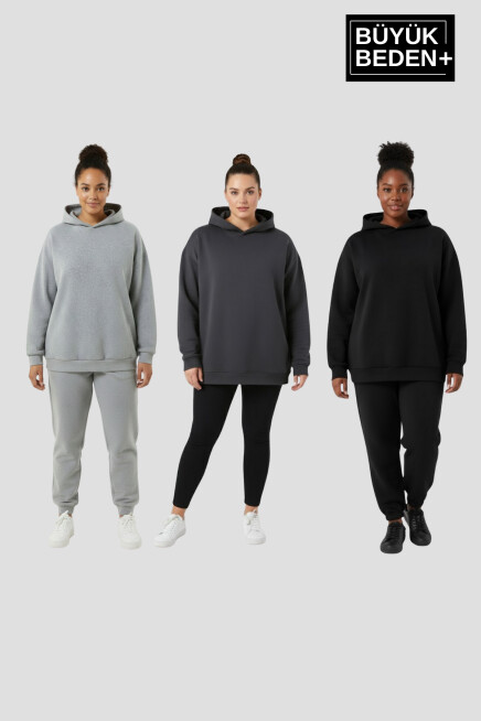 Kadın Büyük Beden 3 lü Set  Kollar Ve Etek Ribanalı ince Kapşonlu Swatshırt SPR26BSWK957+3