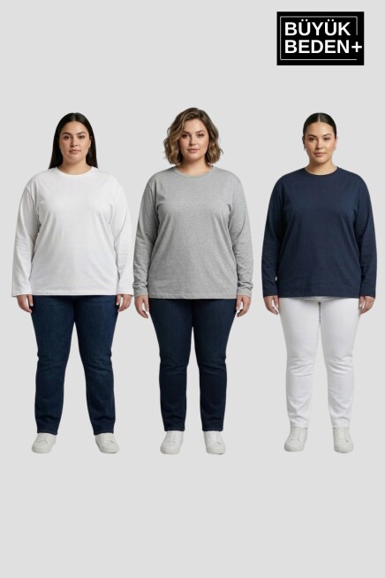 Kadın Büyük Beden 3lü Set Uzun Kollu 2 İplik Bisiklet Yaka Tişört SPR26BEA942+2