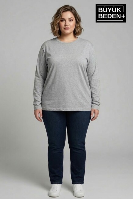 Kadın Büyük Beden 3lü Set Uzun Kollu 2 İplik Bisiklet Yaka Tişört SPR26BEA942+2