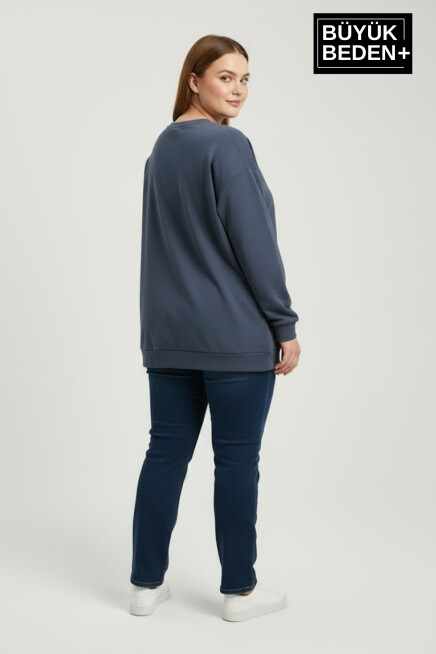 Kadın Büyük Beden AR Baskılı Yaka Kollar Etek Ribana Bisilet Yaka İnce Sweatshirt SPR26BSWK956-1