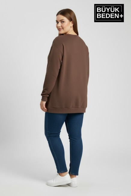 Kadın Büyük Beden Bisiklet Yaka Kollar ve Etek Ribanalı İnce Sweatshirt SPR26BSWK956