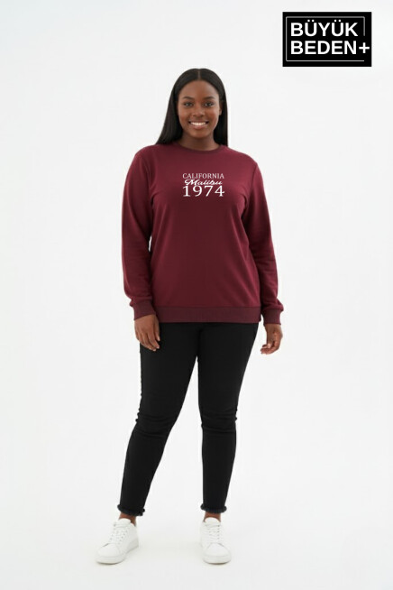 Kadın Büyük Beden California 1974 Baskılı Bisilet Yaka Sweatshirt SPR26BSWK956-2