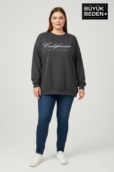 Kadın Büyük Beden El Yazılı California Baskılı Bisiklet Yaka ince Sweatshirt SPR26BSWK956-7
