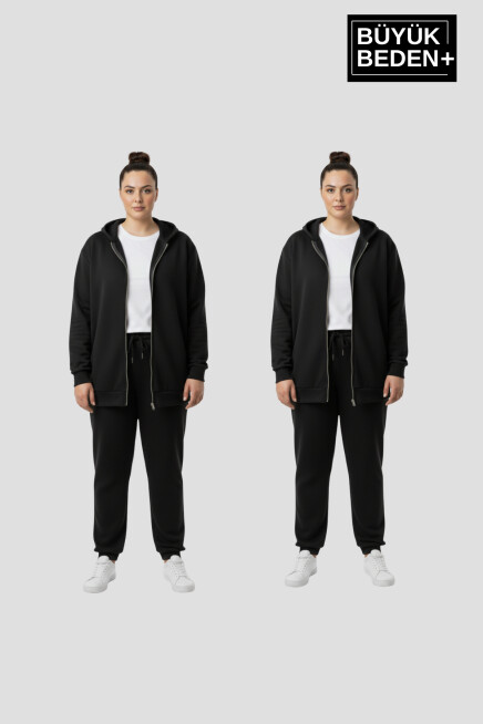 Kadın Büyük Beden Fermuarlı Kapüşonlu 3lü Set ince Sweatshirt Hırka - Rahat Kalıp SPR26BHRK960+2