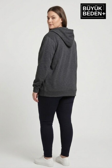 Kadın Büyük Beden Fermuarlı Kapüşonlu ince Sweatshirt Hırka - Rahat Kalıp SPR26BHR960