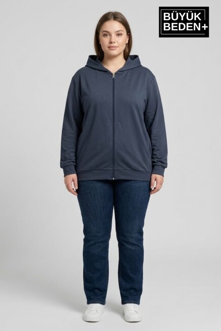 Kadın Büyük Beden Fermuarlı Kapüşonlu ince Sweatshirt Hırka - Rahat Kalıp SPR26BHR960