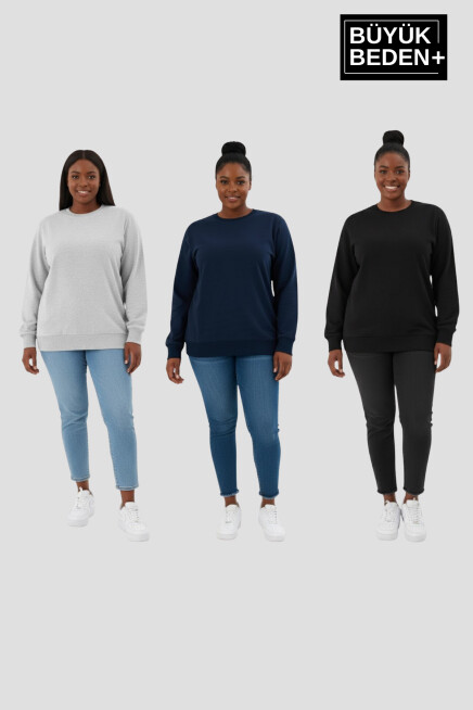 Kadın Büyük Beden İkili Bisiklet Yaka 3lü Set -Rahat Kalıp İnce Sweatshirt SPR26BSW956+3