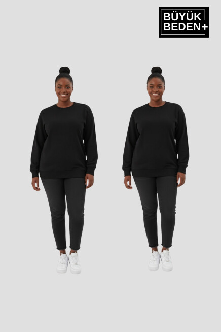 Kadın Büyük Beden Bisiklet Yaka 2’li Set-Rahat Kalıp İnce Sweatshirt SPR26BSWK956+2