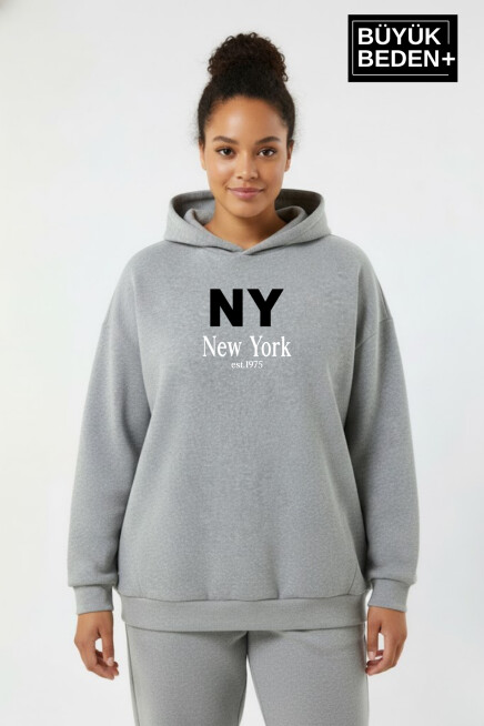Kadın Büyük Beden Kapşonlu NY NewYork Baskılı ince Swatshırt SPR26BSWK957-15