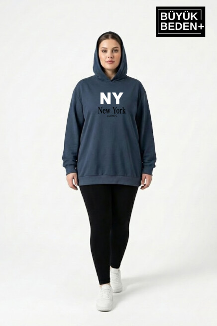 Kadın Büyük Beden Kapşonlu NY NewYork Baskılı ince Swatshırt SPR26BSWK957-15