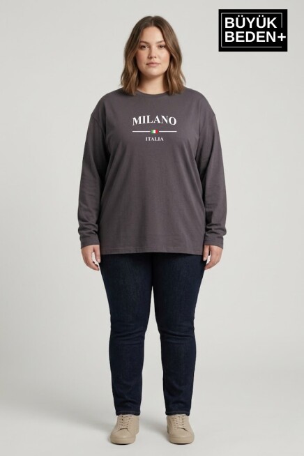 Kadın Büyük Beden Milano İtalia Baskılı 2 İplik Bisiklet Yaka Tişört SPR26BTSK942-9