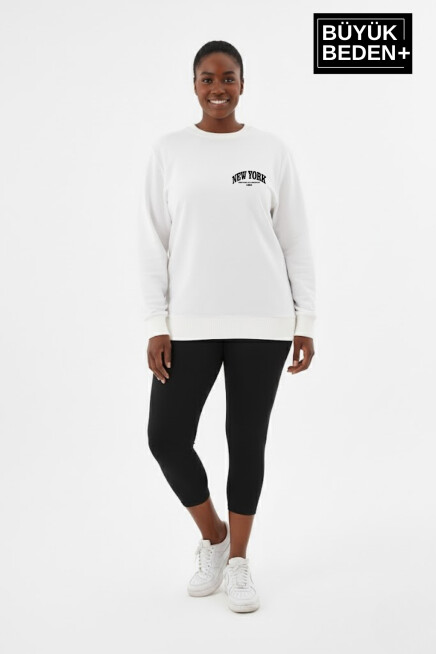 Kadın Büyük Beden New York Baskılı Bisilet Yaka Sweatshirt SPR26BSWK956-5
