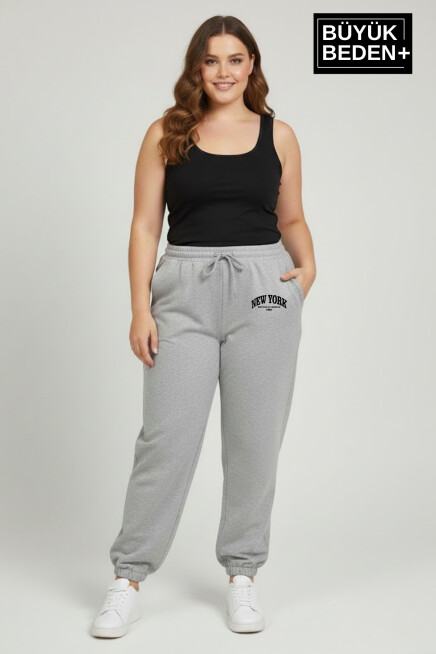 Kadın Büyük Beden New York Paça Lastikli Rahat Kesim Jogger İnce Eşofman Altı SPR26BEAK951-5