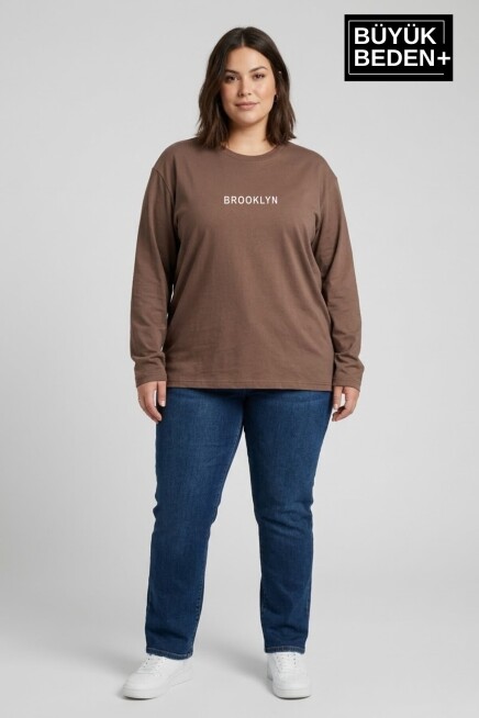 Kadın Büyük Beden Orta Brooklyn Baskılı 2 İplik Bisiklet Yaka Tişört SPR26BTSK942-8