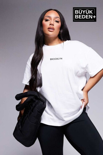 Kadın Büyük Beden Orta Brooklyn Baskılı  3xl-6xl Bisiklet Yaka Tshırt SPR25BTSK510-8