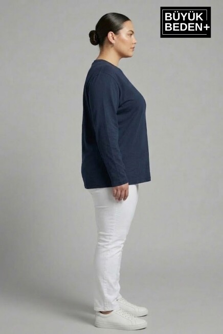 Kadın Büyük Beden Uzun Kollu 2 İplik Bisiklet Yaka Tişört SPR25BTSK942