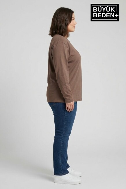 Kadın Büyük Beden Uzun Kollu 2 İplik Bisiklet Yaka Tişört SPR25BTSK942