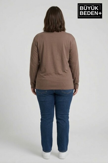 Kadın Büyük Beden Uzun Kollu 2 İplik Bisiklet Yaka Tişört SPR25BTSK942