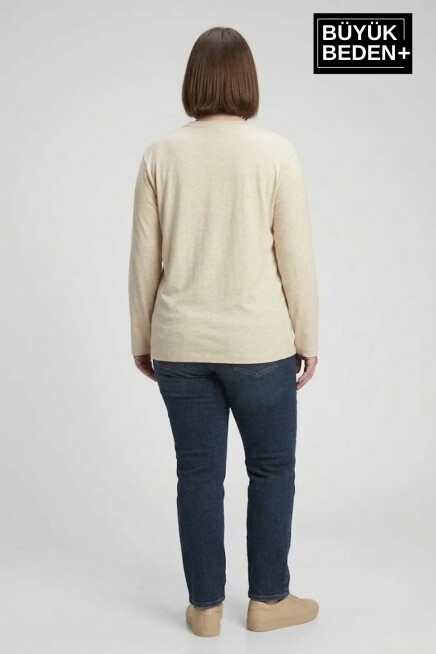 Kadın Büyük Beden Uzun Kollu 2 İplik Bisiklet Yaka Tişört SPR25BTSK942