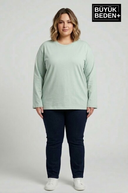 Kadın Büyük Beden Uzun Kollu 2 İplik Bisiklet Yaka Tişört SPR25BTSK942